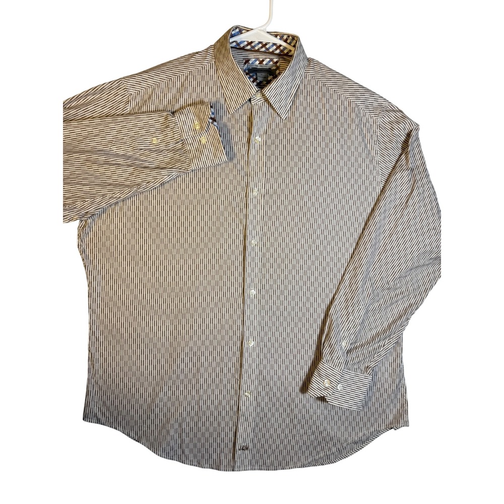 Johnston & Murphy Mens XL Tailored Fit Brown White Striped Cotton Button Down
